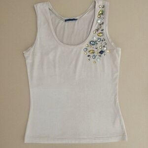 Y2K Designer Airfield tan ultrasuede sleeveless top tank jewels shoulder